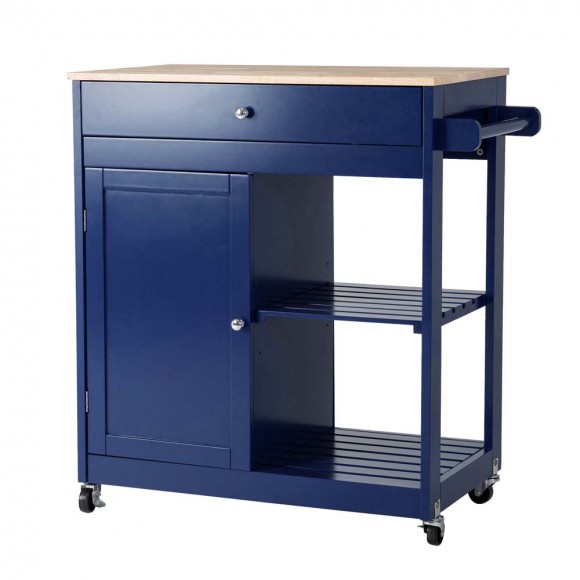 glitzhome Glitzhome 34.25"H Navy Blue Wooden Basic Kitchen Cart/Island with Solid Oak Top