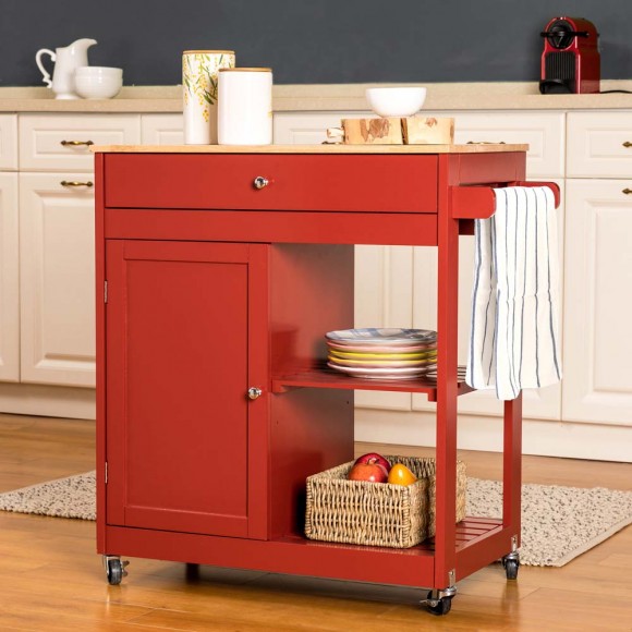 Glitzhome Glitzhome 34.25"H Red Wooden Basic Kitchen Cart/Island With Solid Oak Top