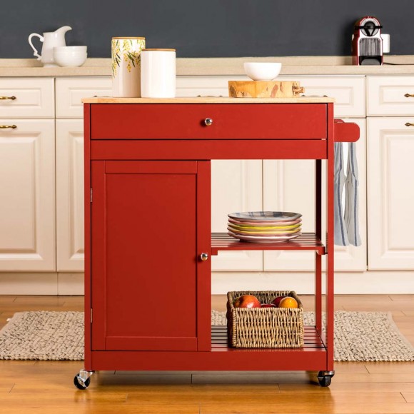 Glitzhome Glitzhome 34.25"H Red Wooden Basic Kitchen Cart/Island With Solid Oak Top