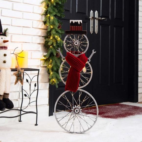 Glitzhome Glitzhome 34"H Lighted Metal Bike Wheel Snowman Porch Décor With Red Knitted Scarf