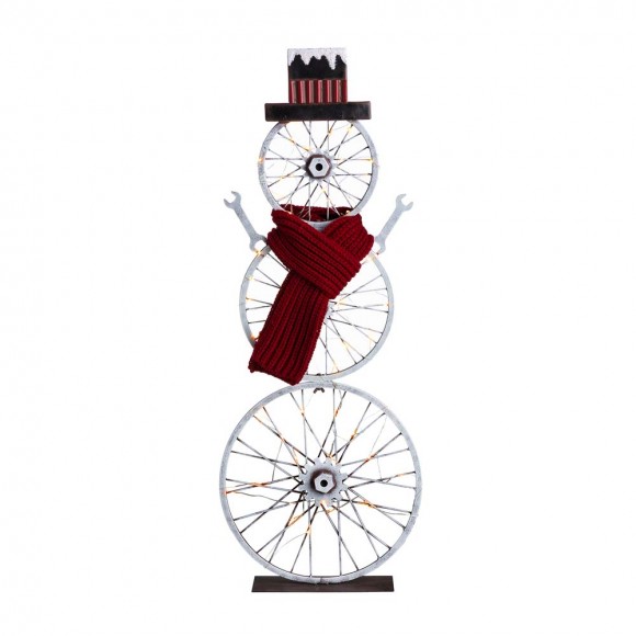 glitzhome Glitzhome 34"H Lighted Metal Bike Wheel Snowman Porch Décor with Red Knitted Scarf
