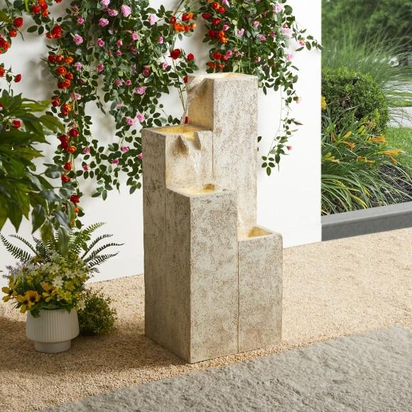 Glitzhome Glitzhome 34"H Mid-Century Modern 4-Tier Faux Terrazzo Geometric Square Column Polyresin Outdoor Floor Fountain With Pump And LED Light (KD)