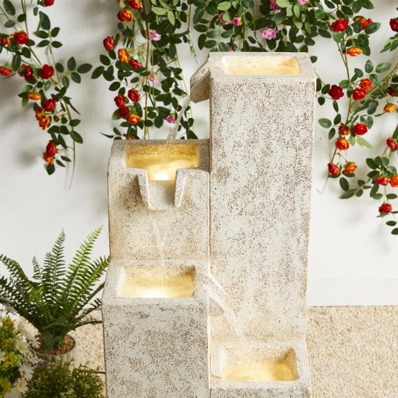 Glitzhome Glitzhome 34"H Mid-Century Modern 4-Tier Faux Terrazzo Geometric Square Column Polyresin Outdoor Floor Fountain With Pump And LED Light (KD)