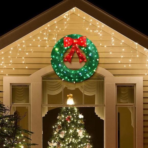 Glitzhome Glitzhome 35.5"H Lighted Christmas 3D Mesh Wreath With Colorful Bulbs And 130 Green LED Lights (KD)