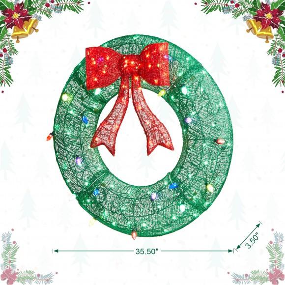 Glitzhome Glitzhome 35.5"H Lighted Christmas 3D Mesh Wreath With Colorful Bulbs And 130 Green LED Lights (KD)