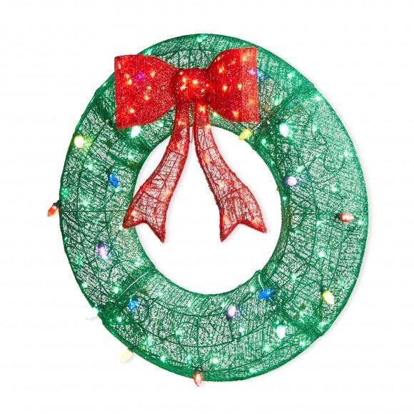glitzhome Glitzhome 35.5"H Lighted Christmas 3D Mesh Wreath with Colorful Bulbs and 130 Green LED Lights (KD)
