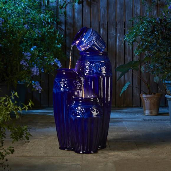 Glitzhome Glitzhome 35.5"H Oversized 4-Tier Cobalt Blue Embossed Pattern Ceramic Pots Outdoor Floor Fountain With Pump And LED Light (KD)