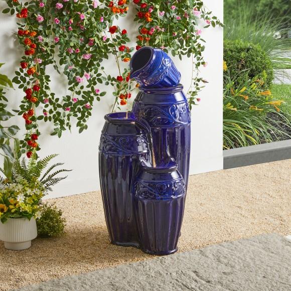 Glitzhome Glitzhome 35.5"H Oversized 4-Tier Cobalt Blue Embossed Pattern Ceramic Pots Outdoor Floor Fountain With Pump And LED Light (KD)