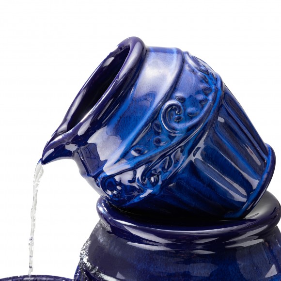 Glitzhome Glitzhome 35.5"H Oversized 4-Tier Cobalt Blue Embossed Pattern Ceramic Pots Outdoor Floor Fountain With Pump And LED Light (KD)