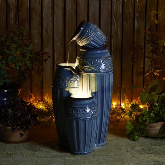 Glitzhome Glitzhome 35.5"H Oversized 4-Tiered Turquoise Embossed Pattern Ceramic Pots Outdoor Floor Fountain With Pump And LED Light (KD)