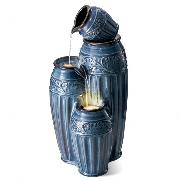 Glitzhome Glitzhome 35.5"H Oversized 4-Tiered Turquoise Embossed Pattern Ceramic Pots Outdoor Floor Fountain With Pump And LED Light (KD)