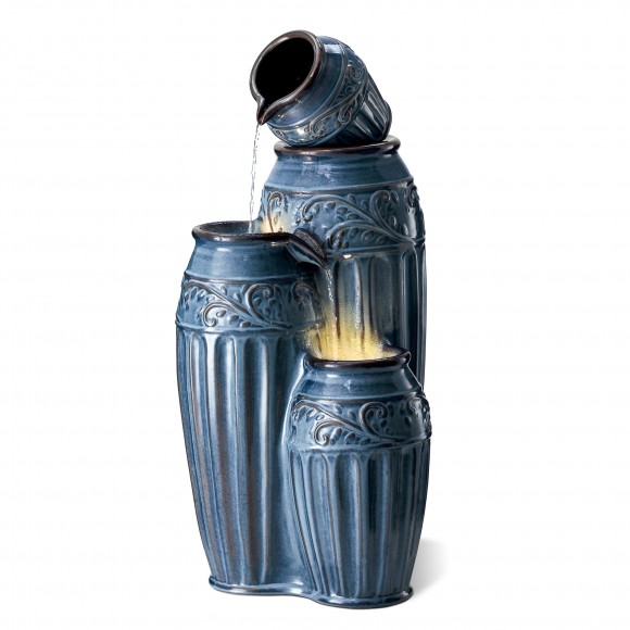 glitzhome Glitzhome 35.5"H Oversized 4-Tiered Turquoise Embossed Pattern Ceramic Pots Outdoor Floor Fountain with Pump and LED Light (KD)