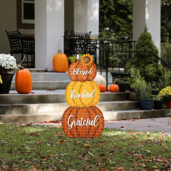 Glitzhome Glitzhome 35.5"H Thanksgiving Metal Stacked Pumpkins Yard Stake(KD Two Function)