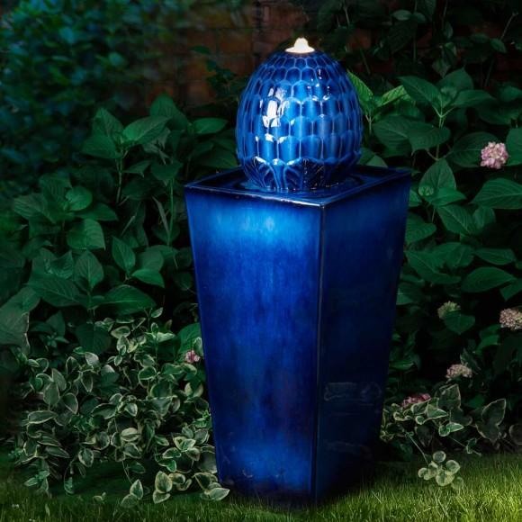 Glitzhome Glitzhome 35.75"H Oversized Cobalt Blue Artichoke Pedestal Ceramic Fountain With Pump And LED Light
