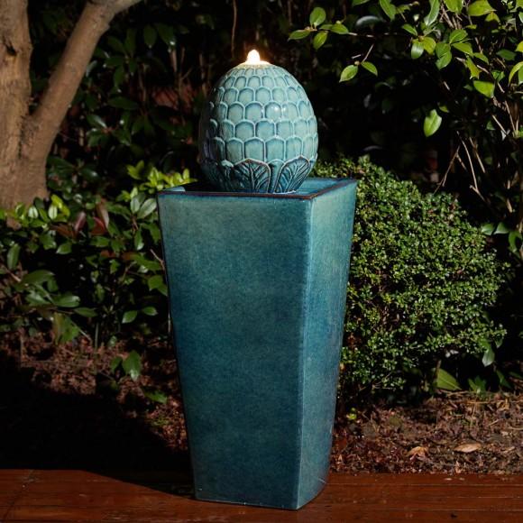 Glitzhome Glitzhome 35.75"H Oversized Turquoise Artichoke Pedestal Ceramic Fountain With Pump And LED Light