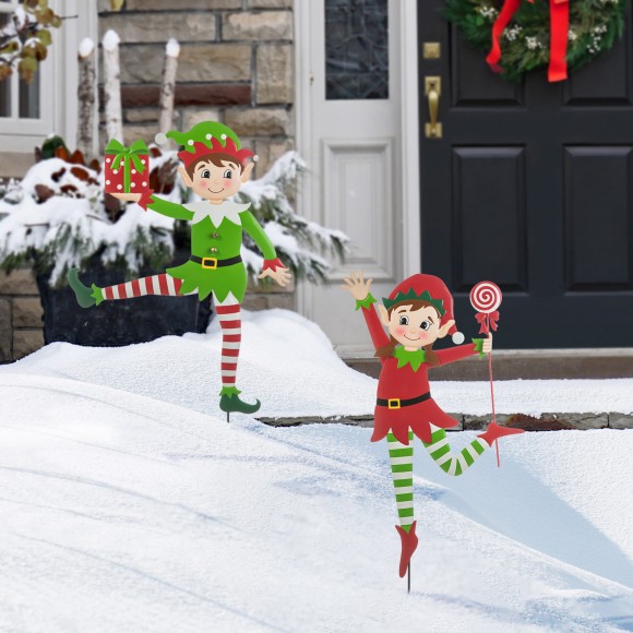 Glitzhome Glitzhome 35.75"H Set Of 2 Christmas Metal Dancing Elf Yard Stake Or Wall Decor(KD Two Function)