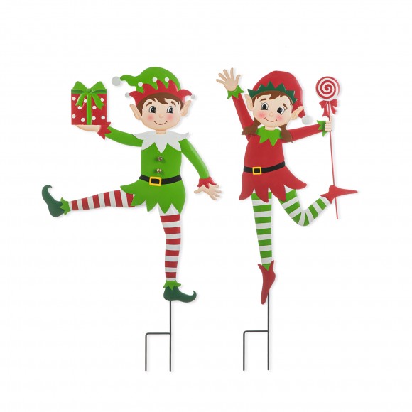 glitzhome Glitzhome 35.75"H Set of 2 Christmas Metal Dancing Elf Yard Stake or Wall Decor(KD Two Function)
