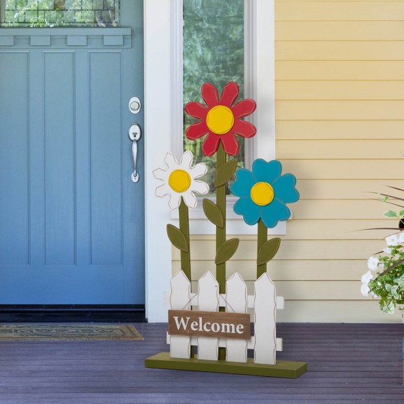 Glitzhome Glitzhome 35.75"H Wooden Trio Flowers And Fence Welcome Porch Décor