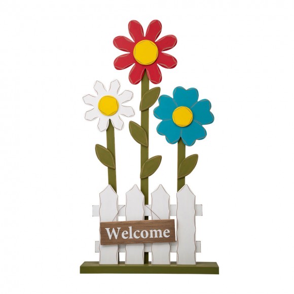 glitzhome Glitzhome 35.75"H Wooden Trio Flowers and Fence Welcome Porch Décor