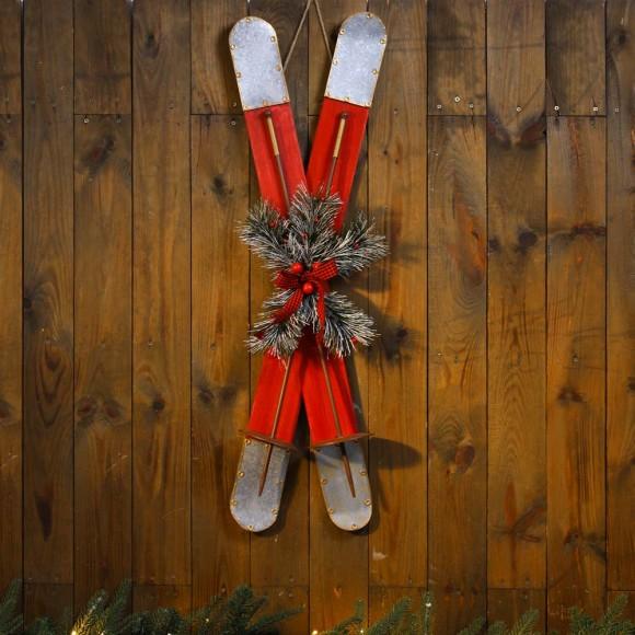 Glitzhome Glitzhome 35"H Red Christmas Wooden/Galvanized Ski Décor