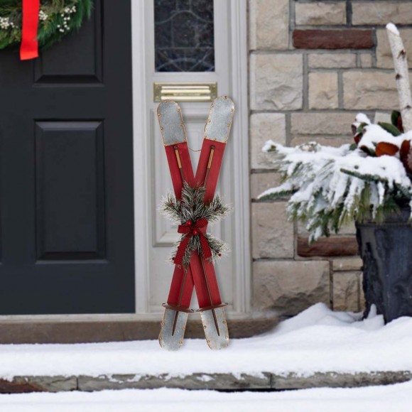 Glitzhome Glitzhome 35"H Red Christmas Wooden/Galvanized Ski Décor