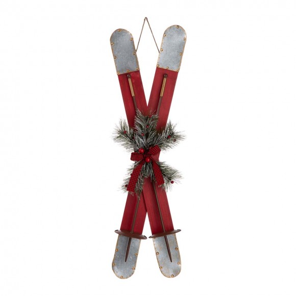 glitzhome Glitzhome 35"H Red Christmas Wooden/Galvanized Ski Décor