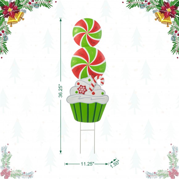 Glitzhome Glitzhome 36.25"H Christmas Metal Peppermint And Cupcake Yard Stake (KD)