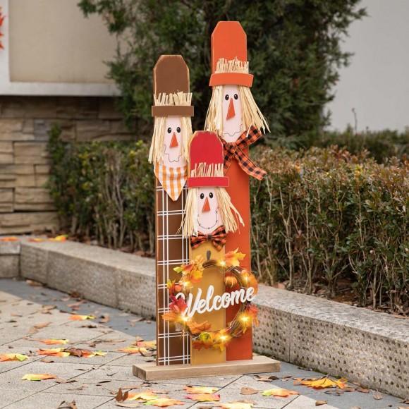 Glitzhome Glitzhome 36.25"H Lighted Wooden Scarecrow Family Porch Decor With Wreath