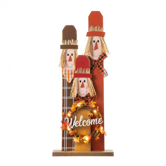 glitzhome Glitzhome 36.25"H Lighted Wooden Scarecrow Family Porch Decor with Wreath