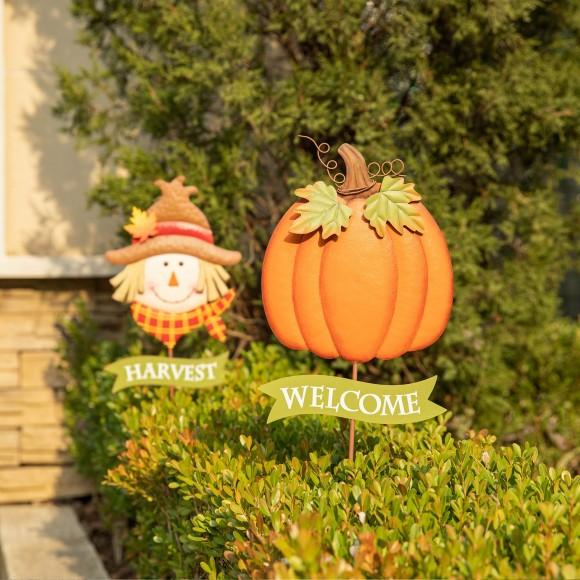 Glitzhome Glitzhome 36.25"H Set Of 2 Fall Metal Scarecrow &Pumpkin Yard Stake