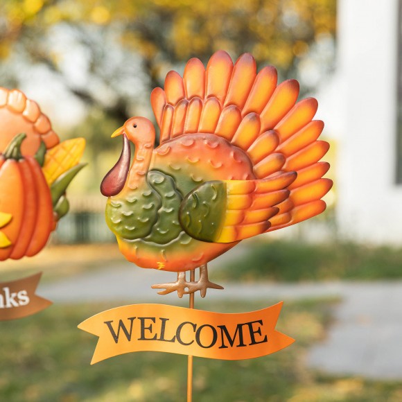 Glitzhome Glitzhome 36.25"H Set Of 2 Thanksgiving Metal Turkey And Croissant Yard Stake