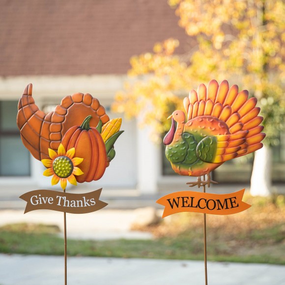Glitzhome Glitzhome 36.25"H Set Of 2 Thanksgiving Metal Turkey And Croissant Yard Stake