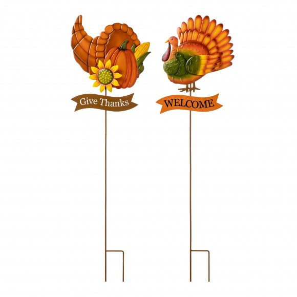 glitzhome Glitzhome 36.25"H Set of 2 Thanksgiving Metal Turkey and Croissant Yard Stake