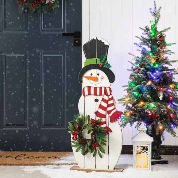 Glitzhome Glitzhome 36"H Christmas Wooden/Metal Snowman Porch Decor With Floral Wreath(KD)