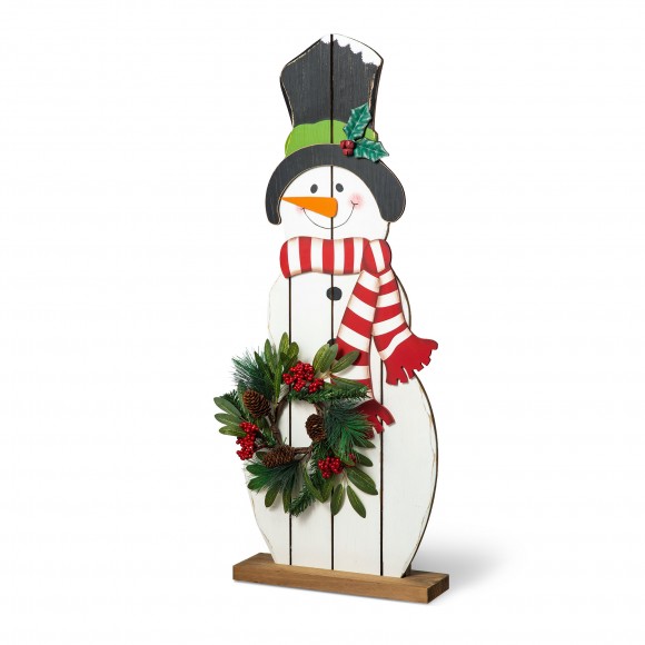 glitzhome Glitzhome 36"H Christmas Wooden/Metal Snowman Porch Decor with Floral Wreath(KD)