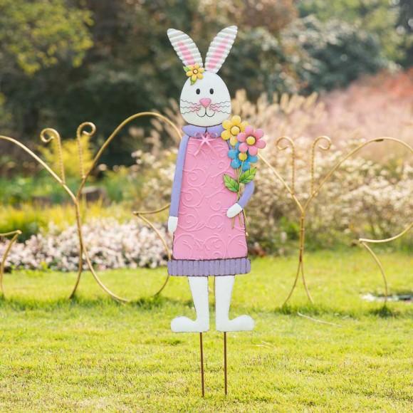 Glitzhome Glitzhome 36"H Easter Metal Bunny Girl Yard Stake Or Standing Décor Or Wall Décor (Three Functions)