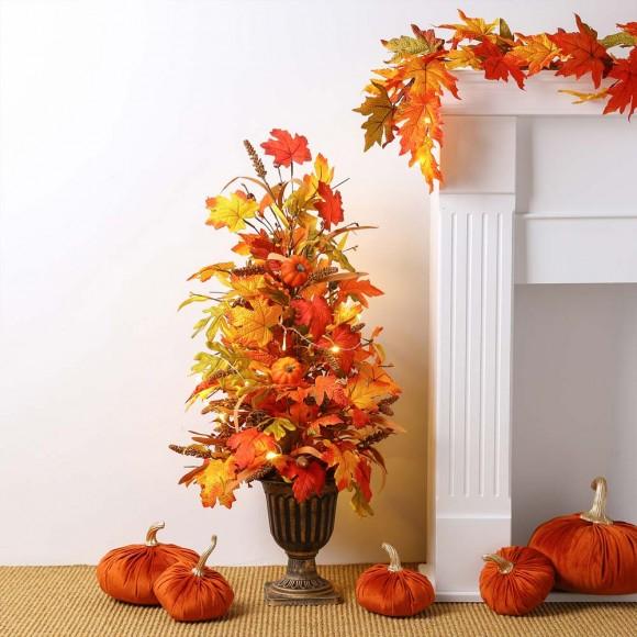 Glitzhome Glitzhome 36"H Fall Lighted Maple Leaves Urn Potted Porch Tree With 20 Warm White Lights