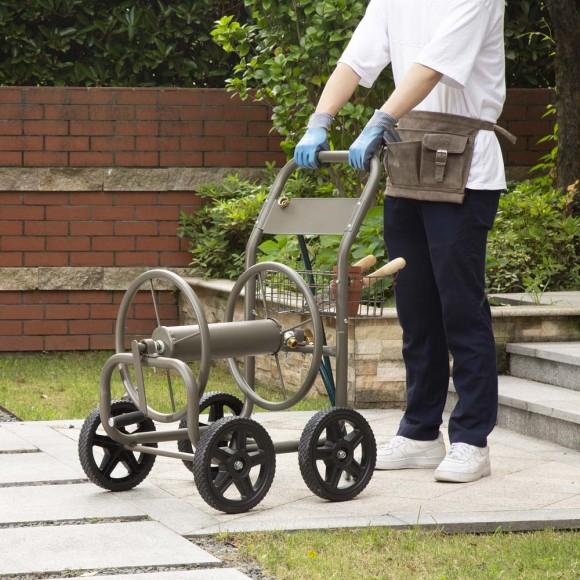 Glitzhome Glitzhome 36"H Gray Steel Garden Hose Reel Cart With Wheels And Steel Basket
