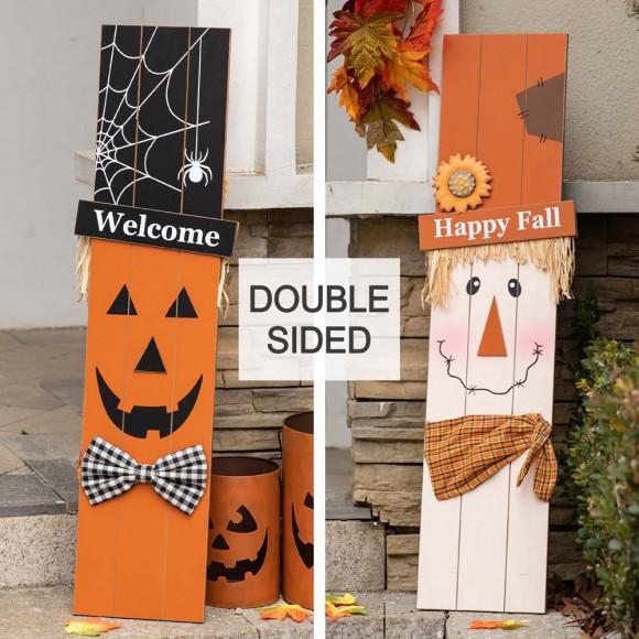glitzhome Glitzhome 36"H Halloween and Fall Double Sided Wooden Scarecrow/Pumpkin Porch Decor
