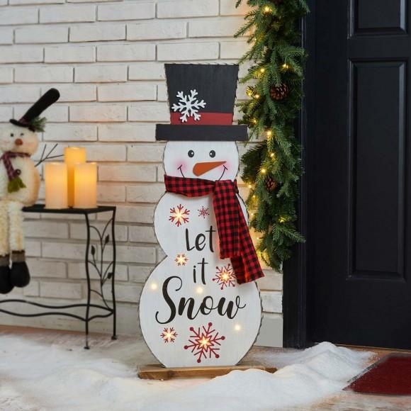 Glitzhome Glitzhome 36"H Lighted Wooden Christmas Snowman Porch Décor With Plaid Scarf