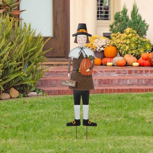 Glitzhome Glitzhome 36"H Metal Thanksgiving Pilgrim Boy Yard Stake Standing Decor Or Hanging Decor (Three Function)
