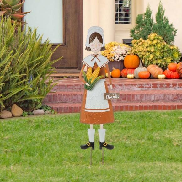 Glitzhome Glitzhome 36"H Metal Thanksgiving Pilgrim Girl Yard Stake Standing Decor Or Hanging Decor (Three Function)