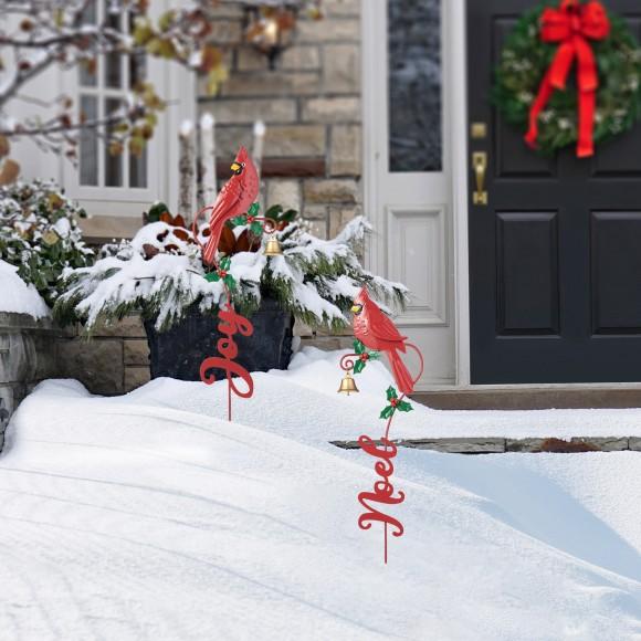 Glitzhome Glitzhome 36"H Set Of 2 Christmas Metal Cardinal "JOY" And "NOEL" With Bell Yard Stake Or Wall Decor(KD Two Function)