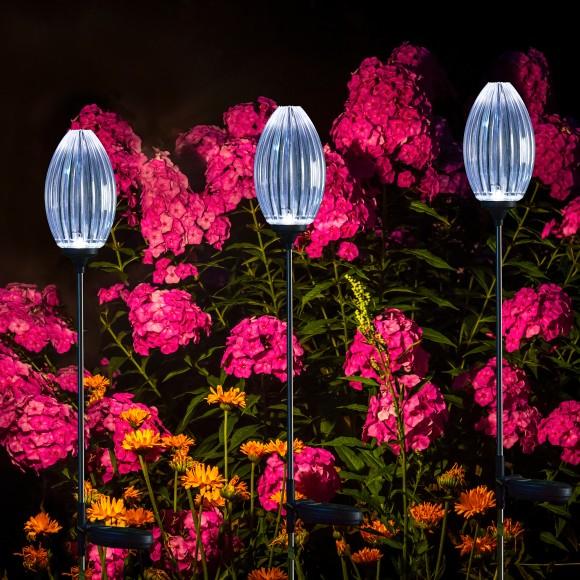 Glitzhome Glitzhome 36"H Set Of 3 Solar Powered Stake Oval Flower Light With Stainless Steel Pole (KD)
