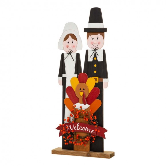glitzhome Glitzhome 36"H Thanksgiving Wooden Pilgrim Couple Poch Décor
