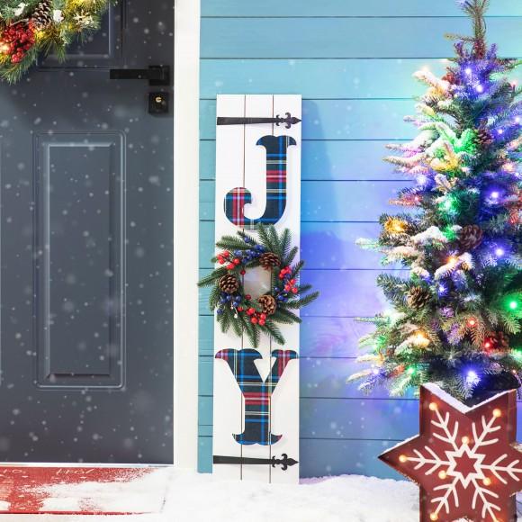 Glitzhome Glitzhome 36"H Wood Plaid "JOY" Porch Decor With Wreath