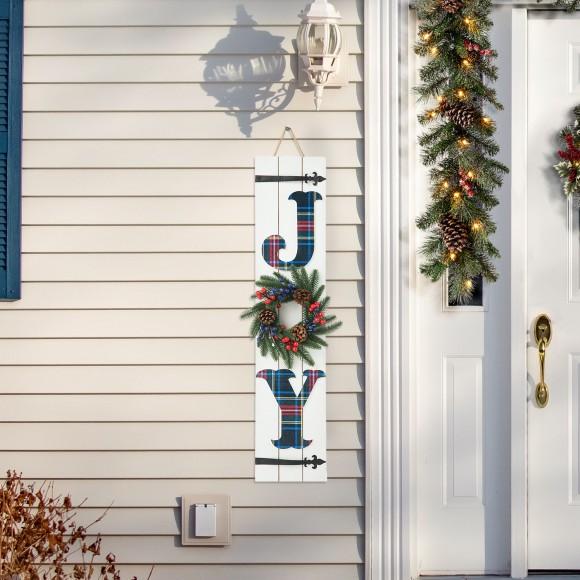 Glitzhome Glitzhome 36"H Wood Plaid "JOY" Porch Decor With Wreath