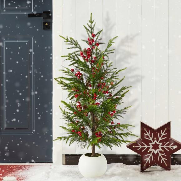 Glitzhome Glitzhome 37.5"H Christmas Greenery PE Dripping Pine Porch Tree With Pinecones And Red Berries