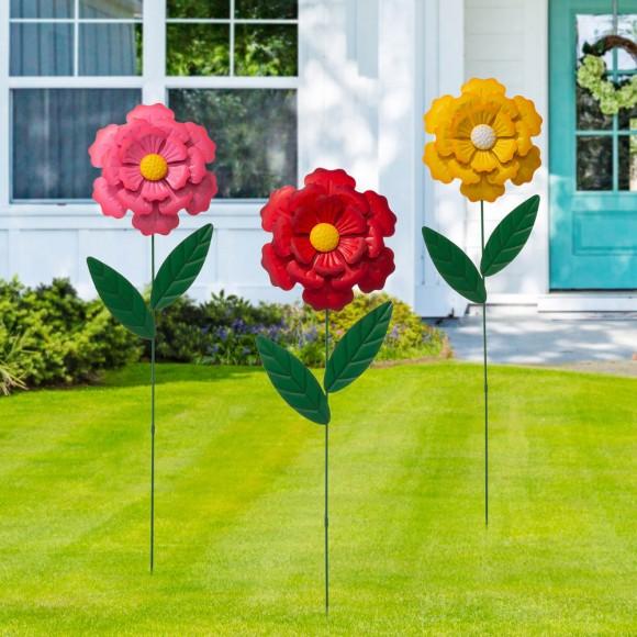 Glitzhome Glitzhome 39.5"H Metal Dimensional Flower Yard Stakes / Wall Décor Set Of 3