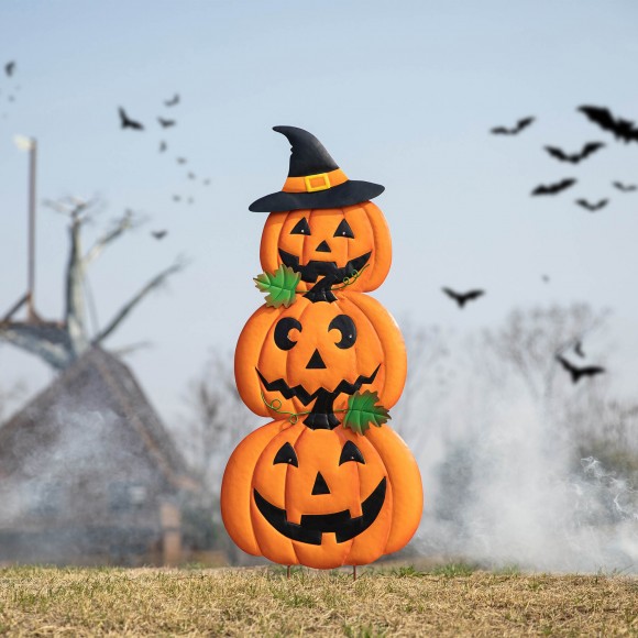 Glitzhome Glitzhome 39.75"H Set Of 3 Halloween Lighted Metal Stacked Jack-O-Lantern Yard Stake Or Hanging Decor (Two Function)